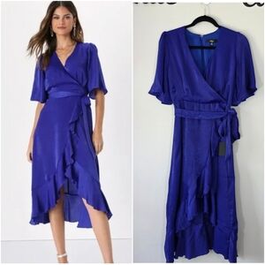 NEW‎ Wrapped Up In Love Cobalt Blue Satin Faux-Wrap Midi Dress Size XS